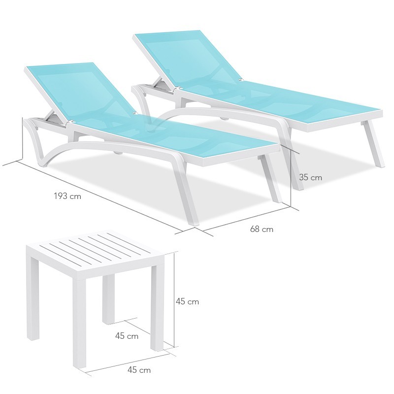 Pack MYKONOS + Lot de deux transats Blanc/Turquoise & Table d'appoint