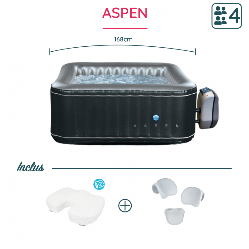 Pack rêve - Spa gonflable Aspen Netspa 4 places + 2 coussins d'assise Ergo + appuie-têtes & porte-gobelet