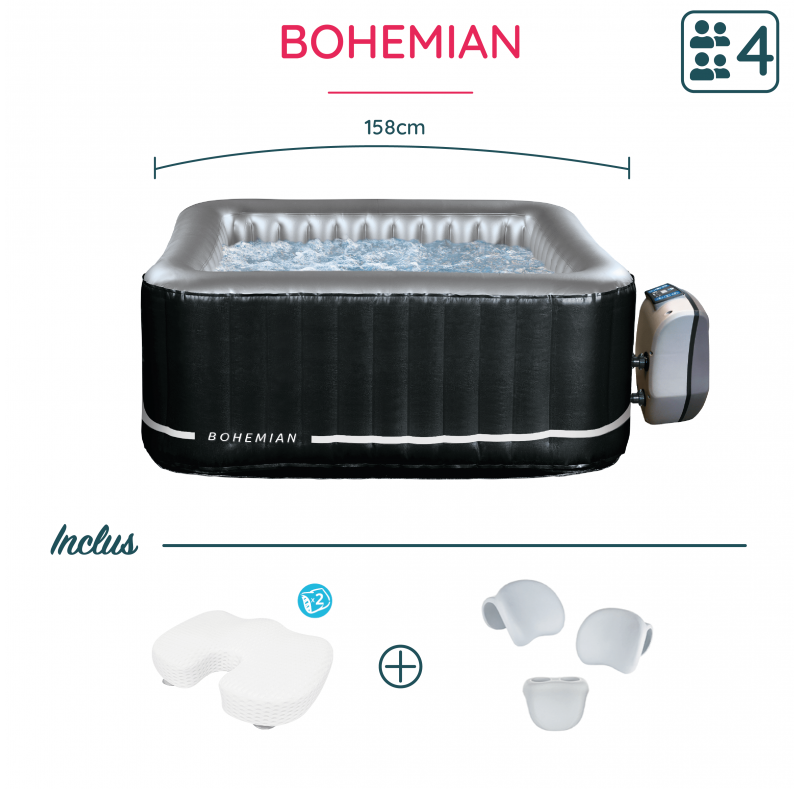 Pack rêve - Spa gonflable Bohemian Netspa 4 places + 2 coussins d'assise Ergo + appuie-têtes & porte-gobelet