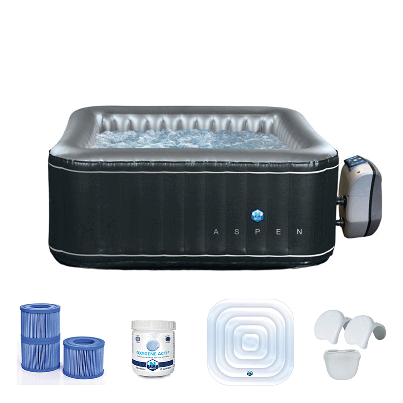 Pack Spa Aspen - 4 Places + Filtre Antibactérien + Oxygène actif + Couvercle gonflable + 2x appuie-tête & porte gobelets