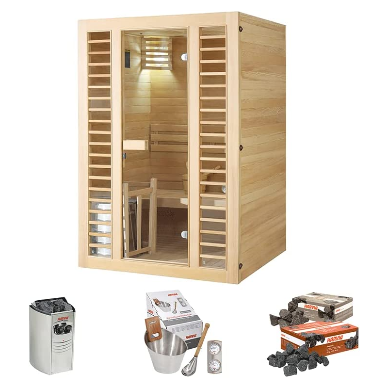 Sauna Neptune 2 places Holl's - Pack accessoires Premium pour sauna traditionnel Seau & Louche + Hygro/Thermomètre