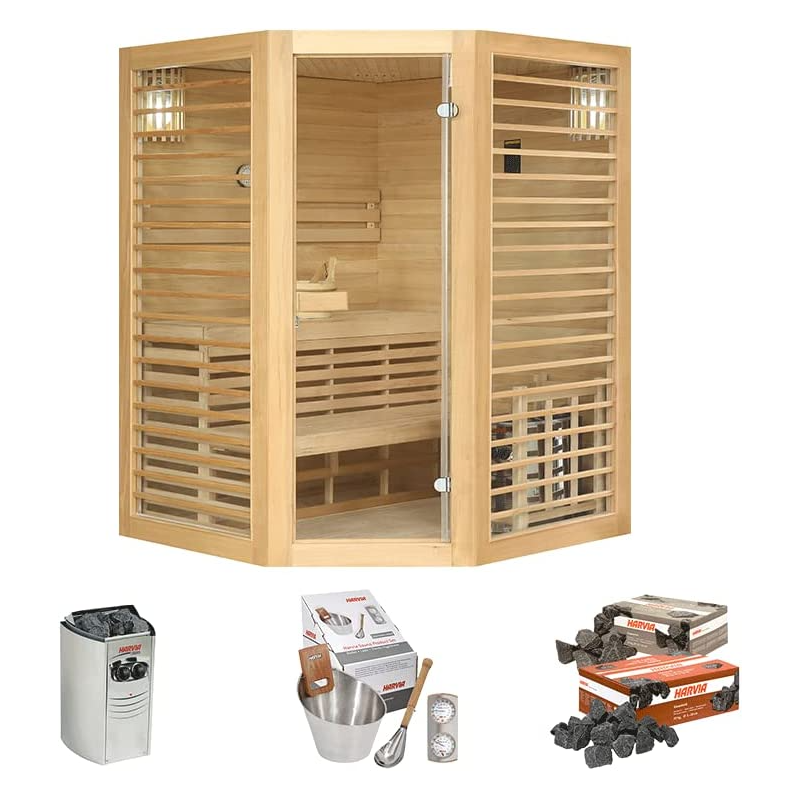 Sauna Neptune 3/4 places Holl's - Pack accessoires Premium pour sauna traditionnel Seau & Louche + Hygro/Thermomètre