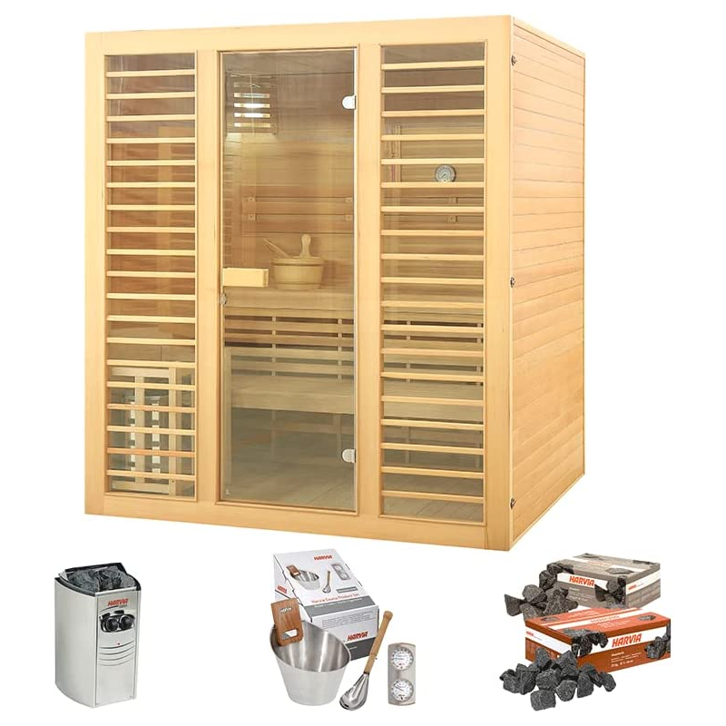 Sauna Neptune 4 places Holl's - Pack accessoires Premium pour sauna traditionnel Seau & Louche + Hygro/Thermomètre