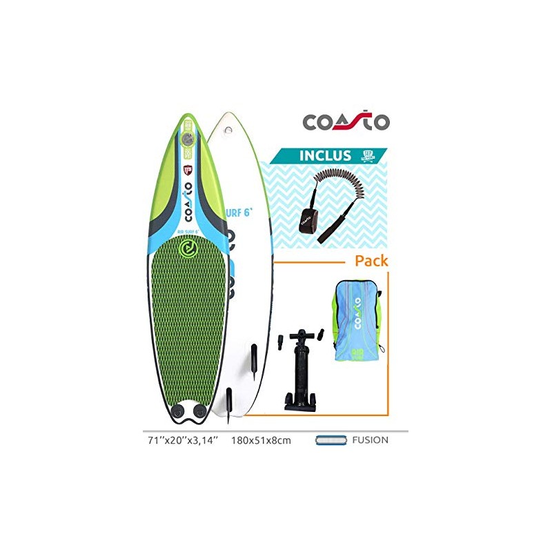 coasto Surf Gonflable Air Surf 6’ Dropstitch Double Couche fusionné - 180 x 51 x 8 cm (5'9x20 x3'')